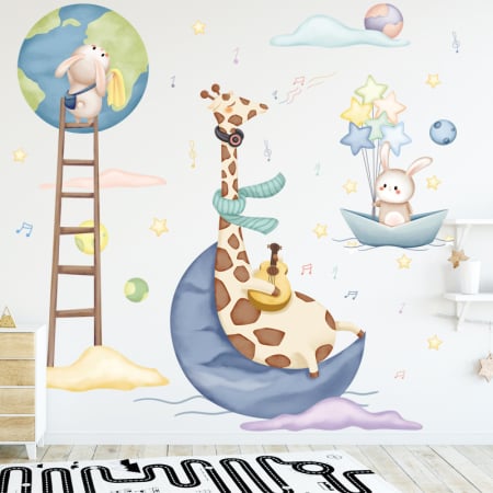 Sticker Autocolant Perete Copii, Girafa cu chitara si Iepurasi, 90x90 cm, Aida HER® [4]