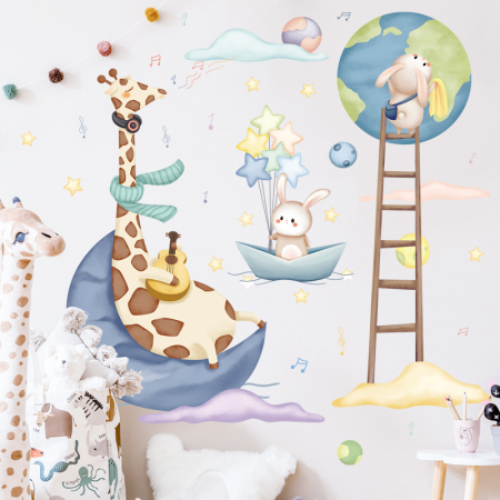 Sticker Autocolant Perete Copii, Girafa cu chitara si Iepurasi, 90x90 cm, Aida HER® [1]