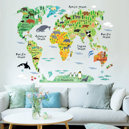 Sticker Autocolant Perete Copii, Harta Lumii Ilustrata cu Animale, 75x95 cm [1]