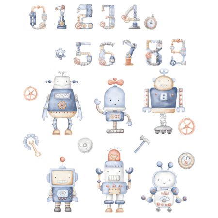 Stickere decorative - Sticker Autocolant Perete Copii, Roboti si Cifre, 85x100 cm