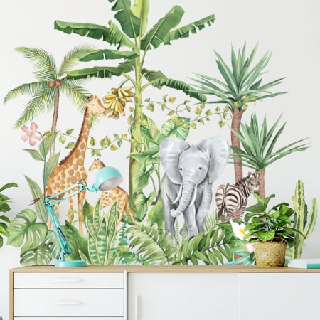Sticker Autocolant Perete Copii, Safari, Animalele Junglei, Girafe, Elefant si Zebra, 75x75 cm [3]