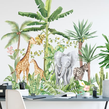 Sticker Autocolant Perete Copii, Safari, Animalele Junglei, Girafe, Elefant si Zebra, 75x75 cm [2]