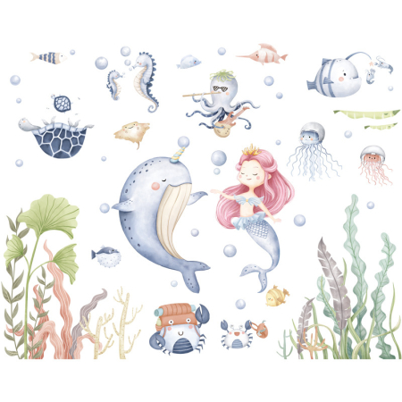 Stickere decorative - Sticker Autocolant Perete Copii, Sirena si Lumea Subacvatica, 60x90 cm