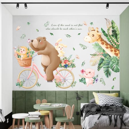 Sticker Autocolant Perete Copii, Urs pe Bicicleta, Iepuras, Maimuta, Porc, Girafa, 70x100 cm, Aida HER® [2]