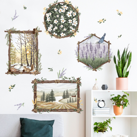 Sticker Autocolant Perete, Peisaje, Pasare, Munti, Copaci, Veverita, Lavanda, 77x100 cm [2]