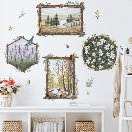 Stickere decorative - Sticker Autocolant Perete, Peisaje, Pasare, Munti, Copaci, Veverita, Lavanda, 77x100 cm