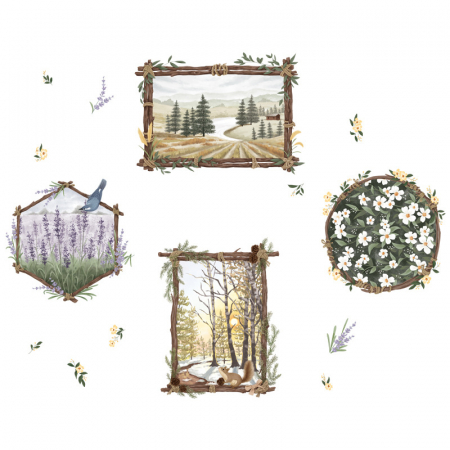 Sticker Autocolant Perete, Peisaje, Pasare, Munti, Copaci, Veverita, Lavanda, 77x100 cm [1]