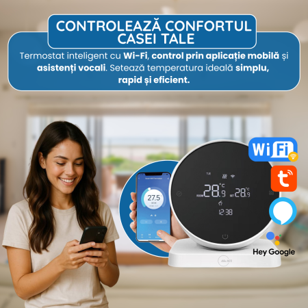Termostat inteligent WiFi pentru centrală, Wireless, Compatibil Tuya, Google Home & Alexa [1]