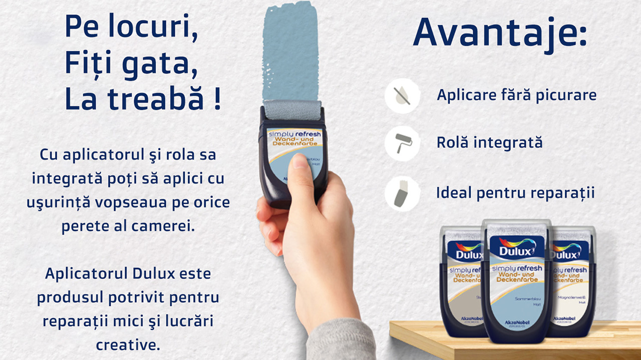 Cum să reîmprospătezi rapid pereții cu vopseaua lavabilă Dulux Simply Refresh cu mini trafalet inclus