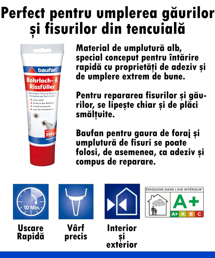 Glet pastă Reparaţii Pereţi, Alb, Umplere Găuri, Crăpături, Lovituri, Fisuri Tencuială, Uscare Rapidă, Baufan, Made in Germany, 350g [3]