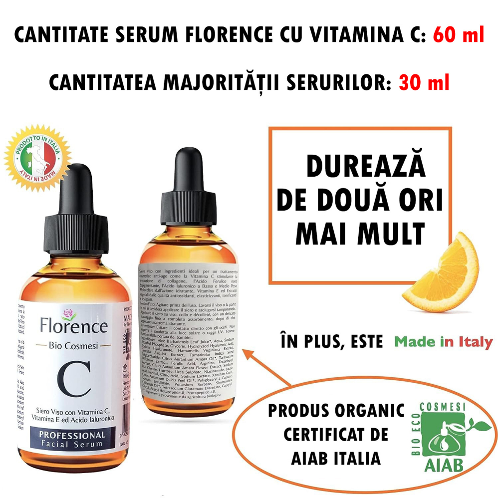 Ser cu Vitamina C, Acid Hialuronic, Vitamina E, Florence Bio, Antirid, Anti-imbatranire, iluminator, Organic, Vegan, 60ml [4]