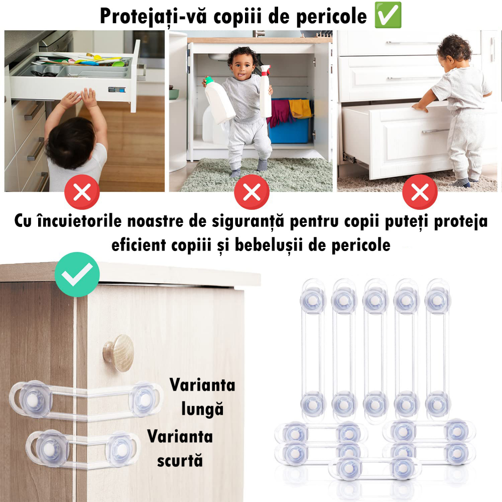 Set 10 Siguranţe Uşi Copii, Blochează Sertare, Dulap, Frigider, Cuptor, Adeziv 3M, Transparent, Silicon [2]
