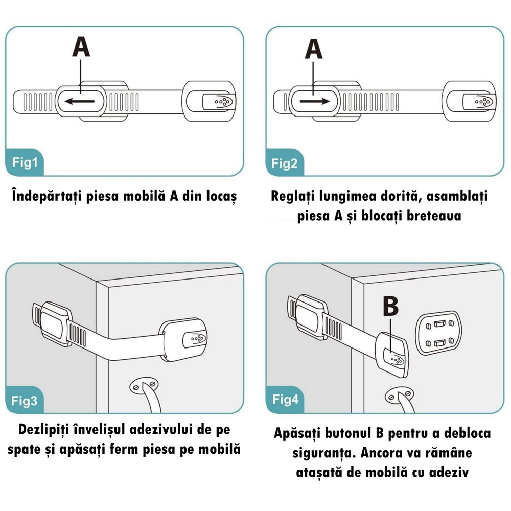 Set 10 Siguranţe Uşi Copii, Reglabile, Blochează Sertare, Dulap, Frigider, Cuptor, Adeziv 3M, Fără Gaurire, Alb [8]