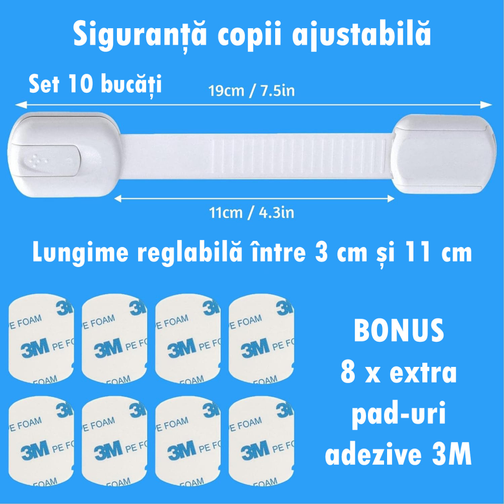 Set 10 Siguranţe Uşi Copii, Reglabile, Blochează Sertare, Dulap, Frigider, Cuptor, Adeziv 3M, Fără Gaurire, Alb [2]