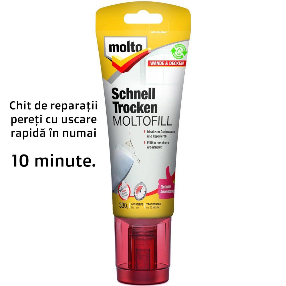 Set Reparaţie Uscare Rapidă, 10 minute, Găuri, Fisuri, Tavan, Perete, Gata de Utilizare, DIY, Include Chit Uscare Rapidă Alb, Spatula şi Rolă cu Vopsea Lavabilă, Molto Blitz [2]