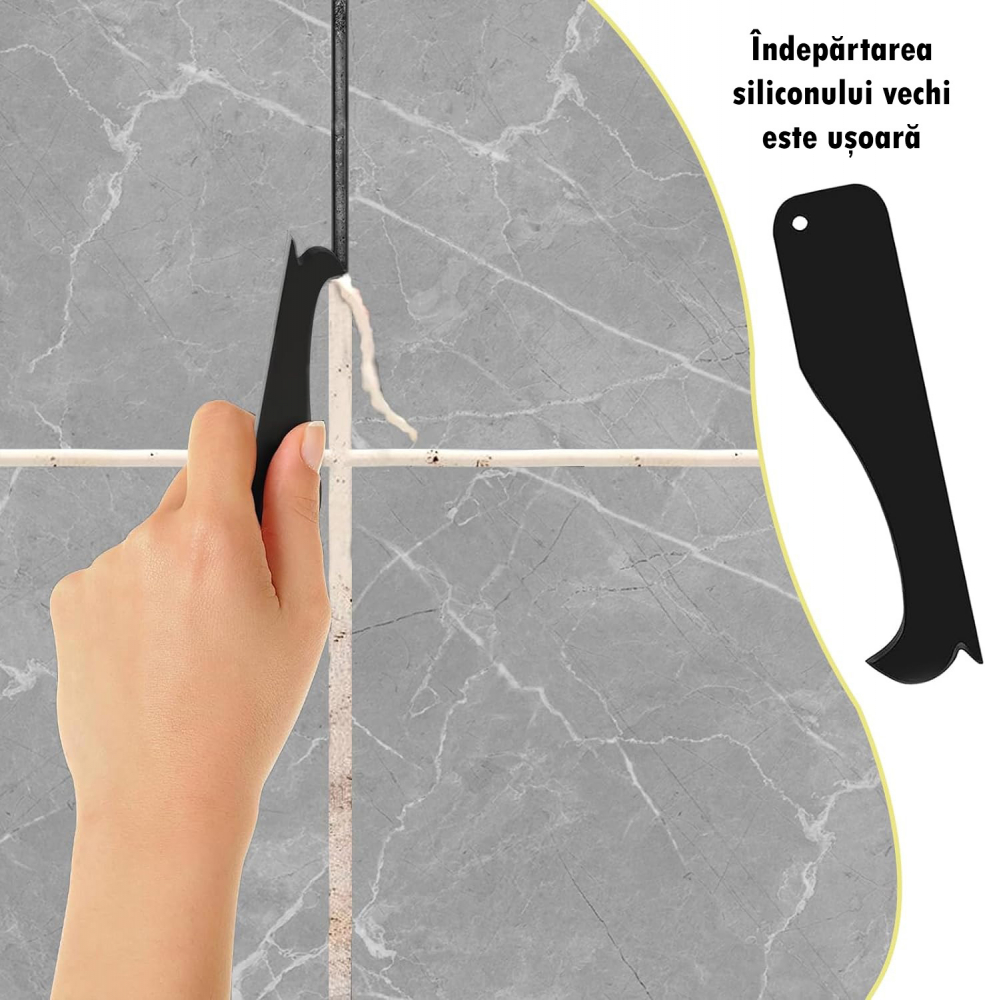 Set Unelte Îndepărtare şi Netezire Silicon, Racletă, Spatulă cu Vârf Metalic, Mănuşi, Pentru Bucatarie, Baie, Rosturi, Chiuvetă, Duş, Cadă [6]