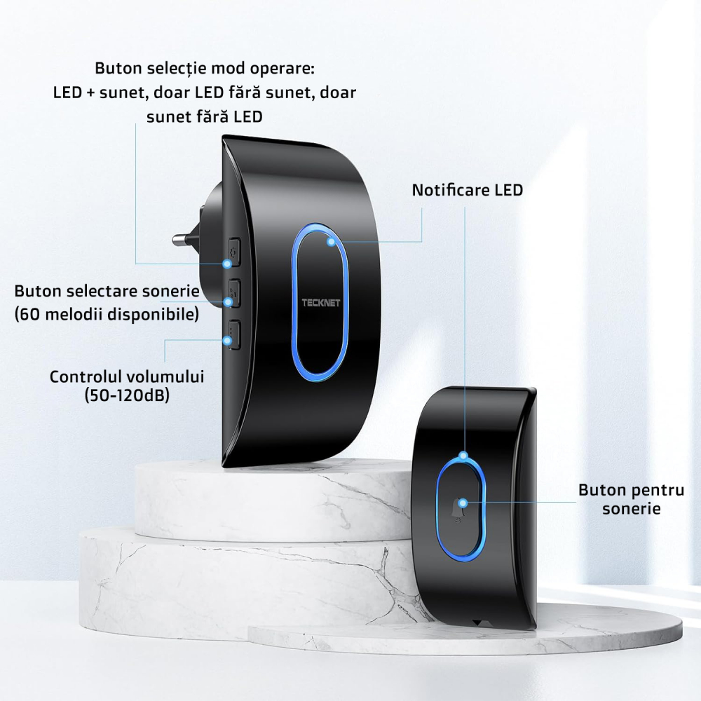 Sonerie Fără fir Wireless, Tecknet, Uşă Apartament, Poartă Casă, Cu Baterie şi la Priză, Distanţă 400m, Exterior IP65, 60 Melodii, Rezistentă la Apa, Semnalizare LED, Volum Reglabil 120dB, Negru [5]