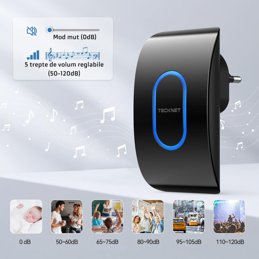 Sonerie Fără fir Wireless, Tecknet, Uşă Apartament, Poartă Casă, Cu Baterie şi la Priză, Distanţă 400m, Exterior IP65, 60 Melodii, Rezistentă la Apa, Semnalizare LED, Volum Reglabil 120dB, Negru [4]