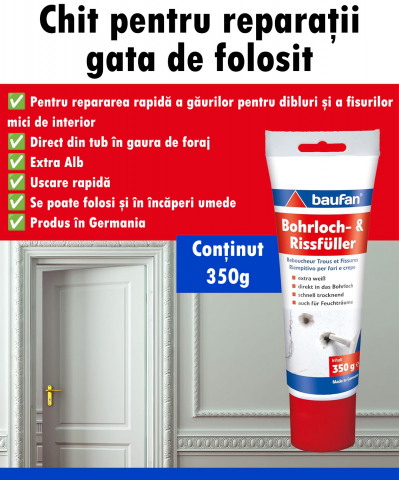 Glet pastă Reparaţii Pereţi, Alb, Umplere Găuri, Crăpături, Lovituri, Fisuri Tencuială, Uscare Rapidă, Baufan, Made in Germany, 350g [1]