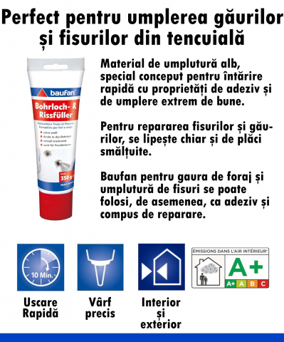Chit Reparaţii Pereţi, Alb, Pastă Tencuieli, Umplere Găuri, Lovituri, Fisuri, Uscare Rapidă, Baufan, Made in Germany, 350g [2]