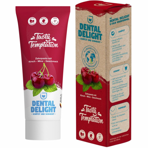 Pastă de Dinţi Vegană cu Aromă Intensă de Cireşe şi Mentă, Tasty Temptation, Dental Delight, 75ml