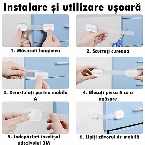 Set 10 Siguranţe Uşi Copii, Reglabile, Blochează Sertare, Dulap, Frigider, Cuptor, Adeziv 3M, Fără Gaurire, Alb [8]