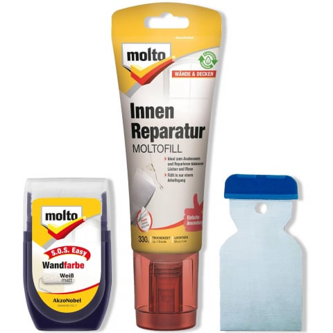 Set Reparaţie Găuri Perete şi Fisuri Tavan, Gata de Utilizare, DIY, Chit Alb, Spatulă şi Rolă cu Vopsea Lavabilă Alb, Molto [0]
