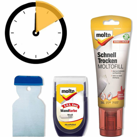Seturi renovare - Set Reparaţie Uscare Rapidă, 10 minute, Găuri, Fisuri, Tavan, Perete, Gata de Utilizare, DIY, Include Chit Uscare Rapidă Alb, Spatula şi Rolă cu Vopsea Lavabilă, Molto Blitz