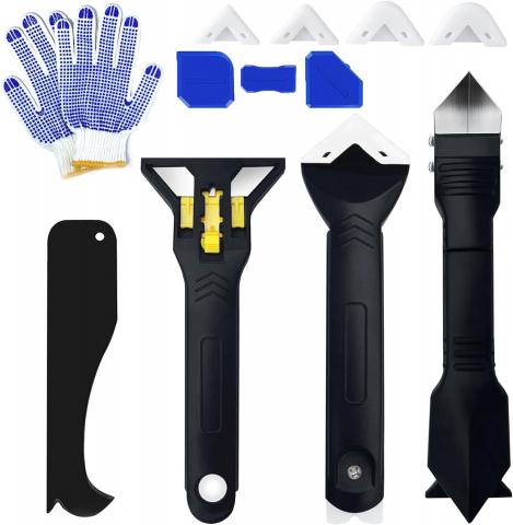 Seturi renovare - Set Unelte Îndepărtare şi Netezire Silicon, Racletă, Spatulă cu Vârf Metalic, Mănuşi, Pentru Bucatarie, Baie, Rosturi, Chiuvetă, Duş, Cadă