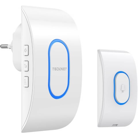 Sonerii wireless - Sonerie Fără fir Wireless, Tecknet, Uşă Apartament, Poartă Casă, Cu Baterie şi la Priză, Distanţă 400m, Exterior IP65, 60 Melodii, Rezistentă la Apa, Semnalizare LED, Volum Reglabil 120dB, Alb