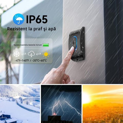 Sonerie Fără fir Wireless, Tecknet, Uşă Apartament, Poartă Casă, Cu Baterie şi la Priză, Distanţă 400m, Exterior IP65, 60 Melodii, Rezistentă la Apa, Semnalizare LED, Volum Reglabil 120dB, Negru [5]