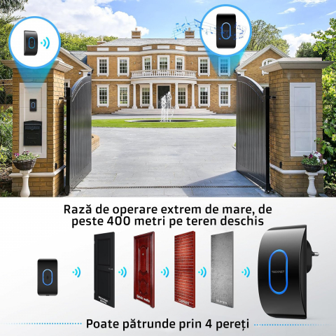 Sonerie Fără fir Wireless, Tecknet, Uşă Apartament, Poartă Casă, Cu Baterie şi la Priză, Distanţă 400m, Exterior IP65, 60 Melodii, Rezistentă la Apa, Semnalizare LED, Volum Reglabil 120dB, Negru [1]