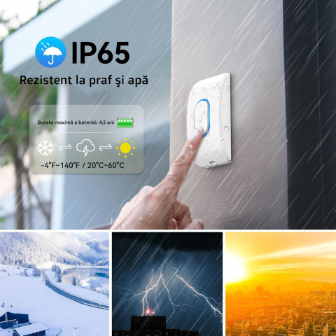 Sonerie Fără fir Wireless, Tecknet, Uşă Apartament, Poartă Casă, Cu Baterie şi la Priză, Distanţă 400m, Exterior IP65, 60 Melodii, Rezistentă la Apa, Semnalizare LED, Volum Reglabil 120dB, Alb [5]