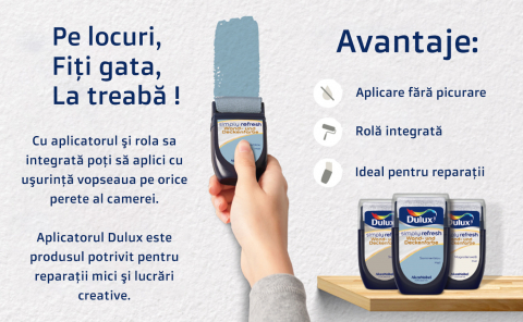 Vopsea Perete cu Mini Rolă, Trafalet Inclus, Lavabilă, Alb Mat, Dulux - Simply Refresh, Pentru Interior, Acoperă Pete, Zgârieturi, Corectează Defecte, 30ml [1]