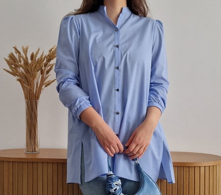 Produse - Cămașă damă bleu fără guler, cu croială lejeră și mâneci lungi