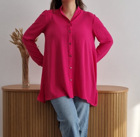 Produse - Cămașă damă roz aprins, oversized, fără guler, cu nasturi