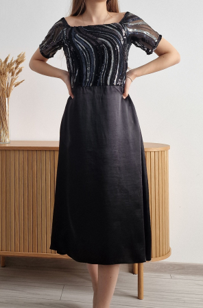 Produse - rochie-dama-paiete-negre-bust-fusta-satinata