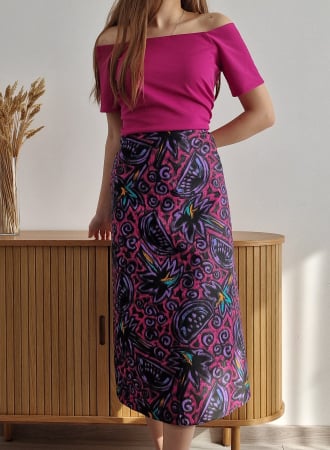 Produse - rochie-dama-roz-aprins-abstract-mov-umeri-goi