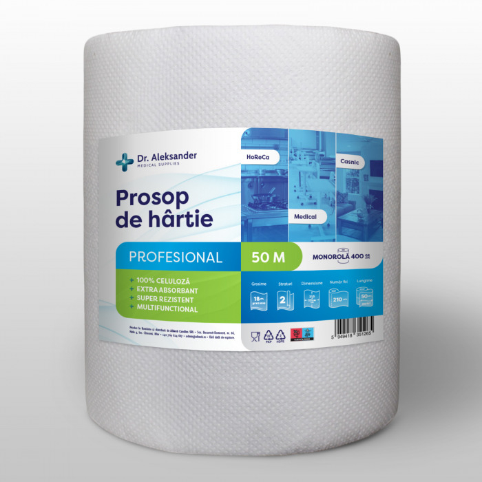 Dr.Aleksander, Prosop de hartie profesional, 50m, rola prosop hartie pentru  HoReCa sau pentru acasa, super absorbant [2]