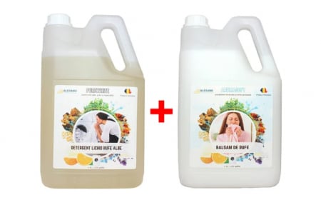 Detergent Lichid - Alesano pachet PROMO 5L + 5L: PureWhite detergent lichid de rufe albe + AromaSoft balsam lichid de rufe