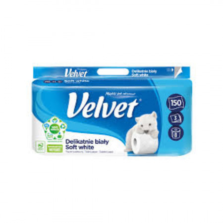 Consumabile Baie / Bucatarie - Hartie igienica alba, 3 straturi, 150 de portii, 8 role/bax, VELVET Delicate