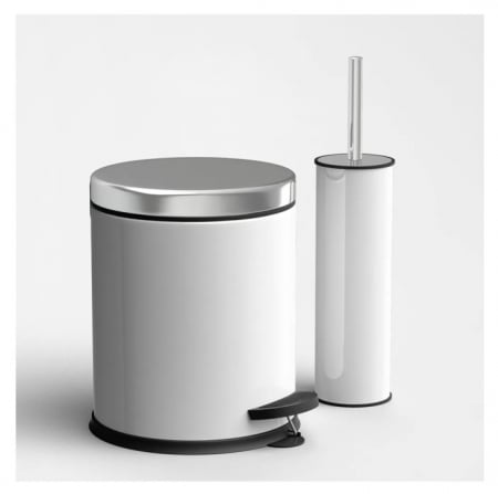 Cosuri Gunoi - Cos de gunoi, inox, rotund, cu pedala, 5L + perie wc, alb