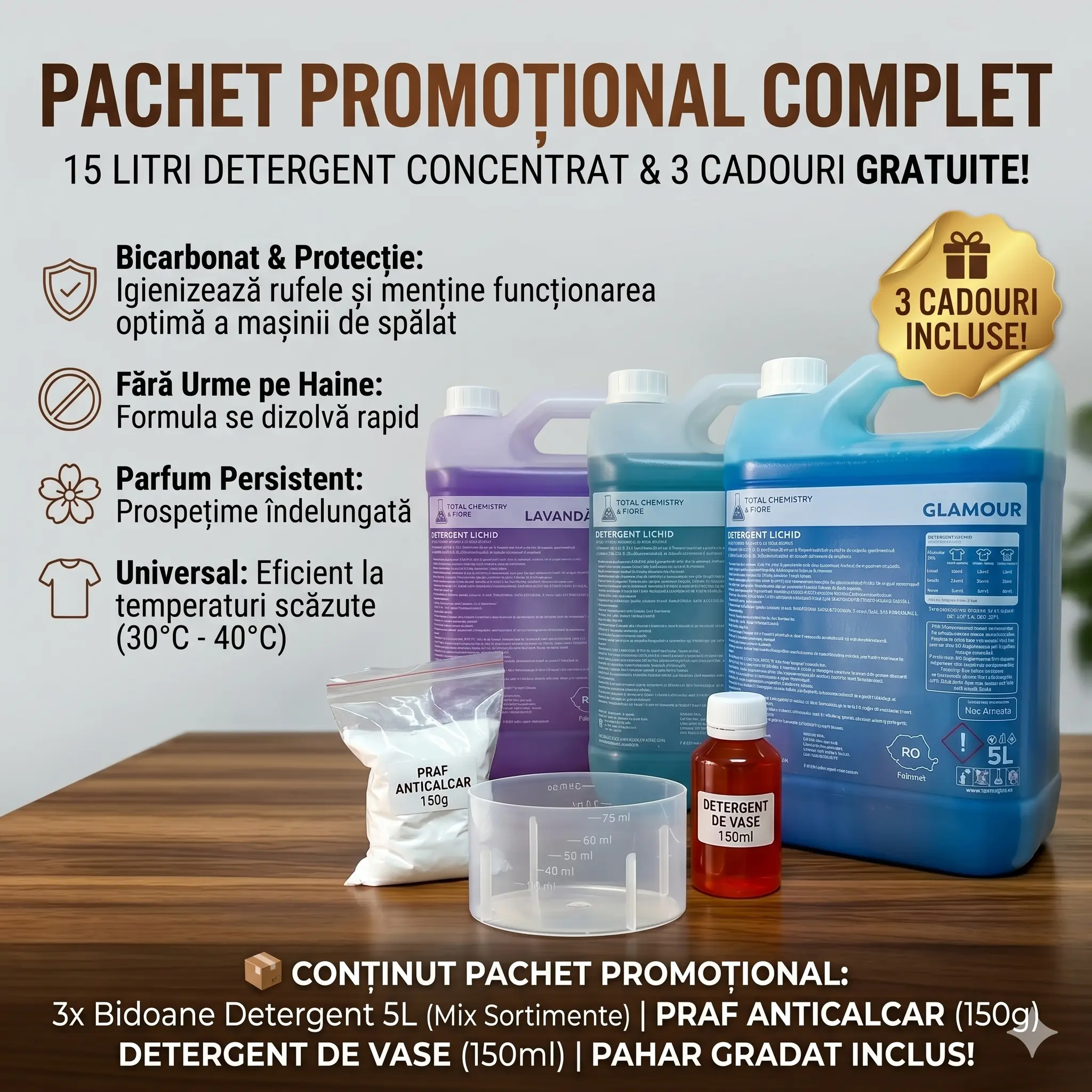 Pachet XXL Total Chemistry 15L detergent de rufe la canistră cu pahar gradat CADOU [1]