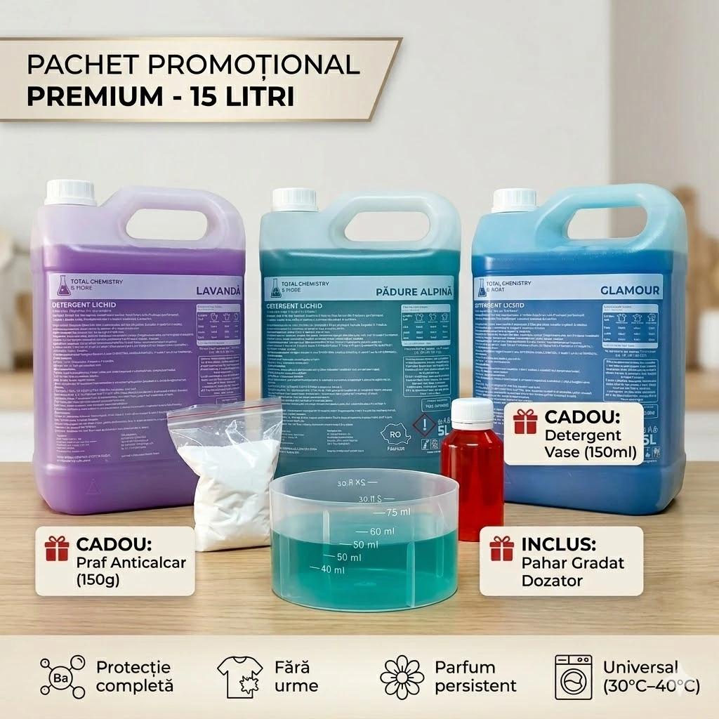 Detergent Lichid - Pachet XXL Total Chemistry 15L detergent de rufe la canistră cu pahar gradat CADOU