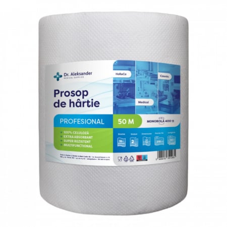 Consumabile Baie / Bucatarie - Dr.Aleksander, Prosop de hartie profesional, 50m, rola prosop hartie pentru  HoReCa sau pentru acasa, super absorbant