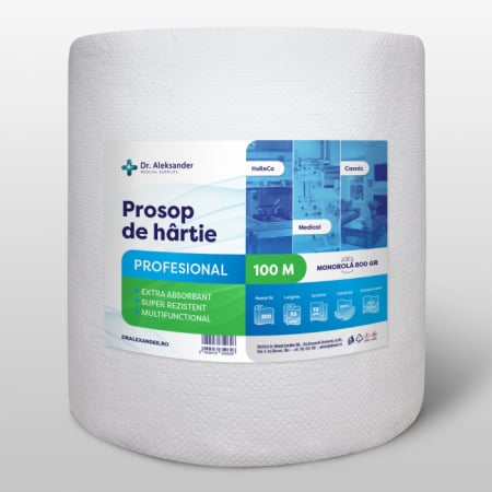 Consumabile Baie / Bucatarie - Dr.Aleksander, Prosop de hartie profesional, 100m, rola prosop hartie pentru  HoReCa sau pentru acasa, super absorbant