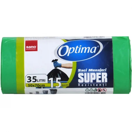 Consumabile Baie / Bucatarie - Saci menaj 35L, 15buc/rola, SANO Optima - verzi