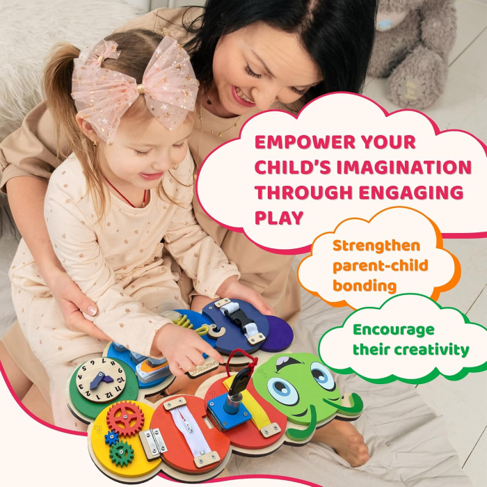 Placă Montessori Busy Board Omidă din Lemn cu 7 Activități – Încuietori, Fermoar, Șiret și Ceas, 3+ ani [18]