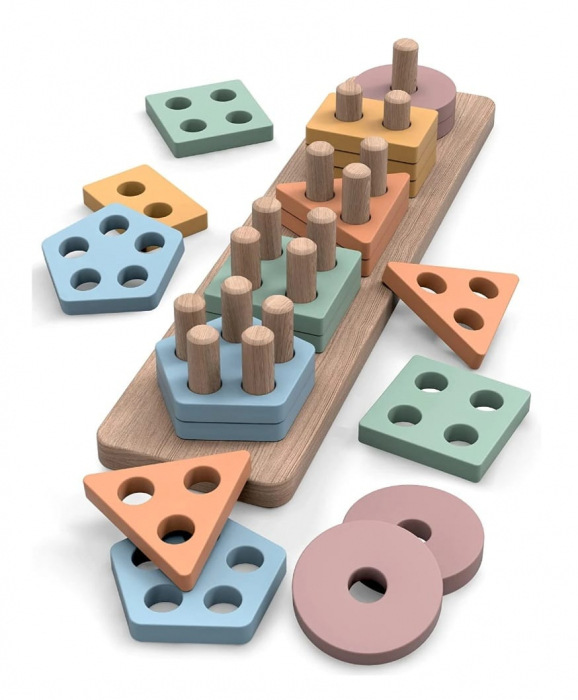 Sortator forme geometrice cu 5 coloane, de tip Montessori, Nordic Geometric Stacker, 20 piese lemn [5]