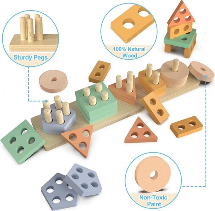 Sortator forme geometrice cu 5 coloane, de tip Montessori, Nordic Geometric Stacker, 20 piese lemn [8]